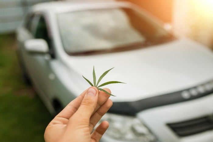 man holding marijuana leaf and a car